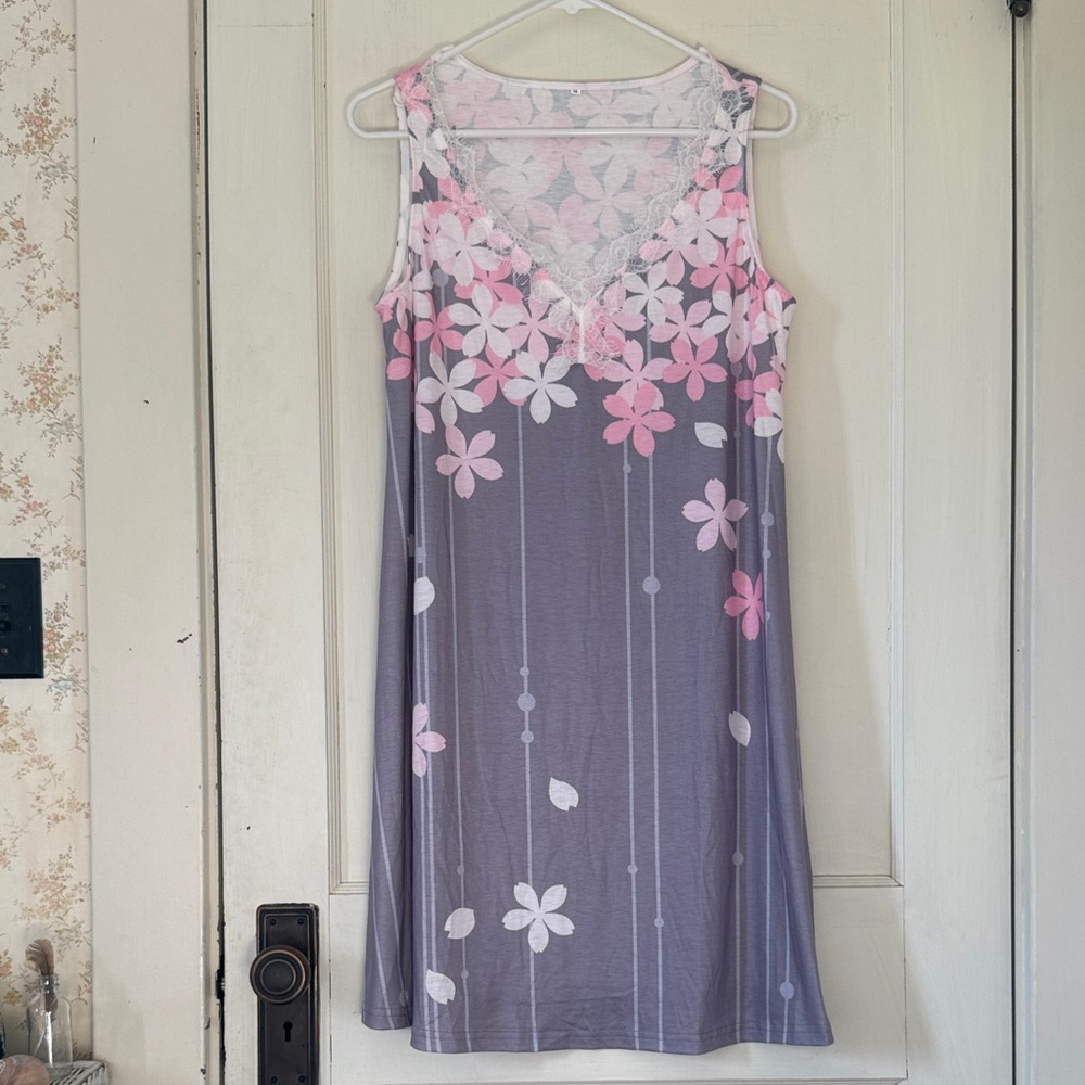 Women's Floral Lace-Trim Nightdress - Pink & Gray